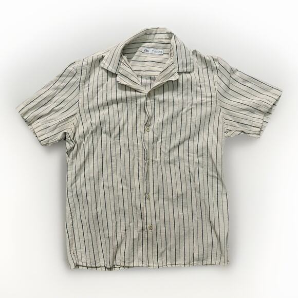 Zara Men’s Small Button Up Shirt Cream Navy Stripe Short Sleeve Casual Top - Picture 1 of 5